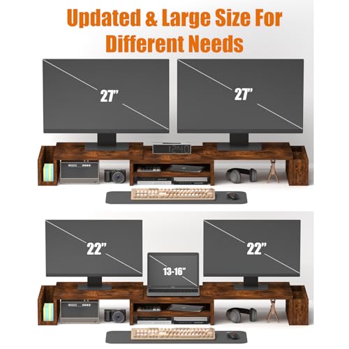 Wood Dual Monitor Stand Riser, Desk Organizers and Accessories with Storage Pen Holders, Adjustable Length and Angle 3 Shelf Extra Long 46" Desktop Organizer for 2 Monitors, Computer, Laptop, TV,Rustic Brown (Triple) - size: Triple