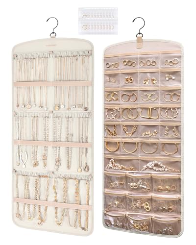 BAGSMART Hanging Jewelry Organizer, Necklace Holder Anti-tangle Earrings Rings Hanger with Pockets Hang on Closet, Wall, Door,1 Piece, Large Beige - color: Beige, size: Large - Standard