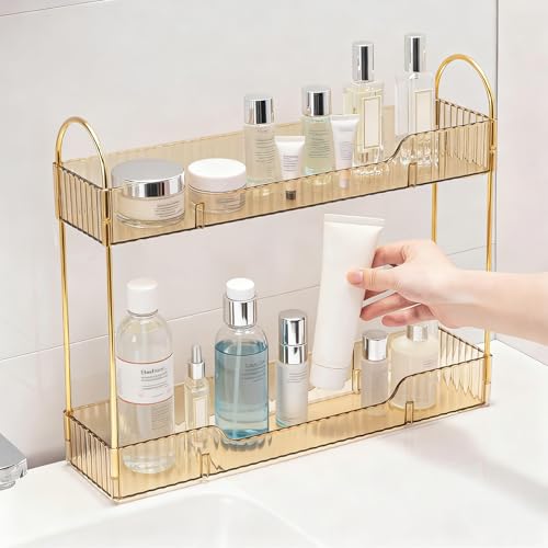 Bathroom Countertop Organizer, 2-Tier Slim Vanity Storage Rack for Bathroom Sink, Narrow Counter Organizer for Toiletries Skincare Perfume with Gold Plastic Trays, Gold - color: Gold