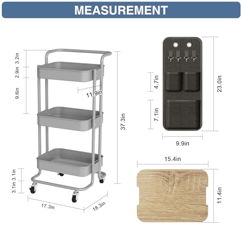 DTK 3 Tier Metal Utility Rolling Cart with Table Top and Side Bags, Tray Storage Organizer Wheels, Art Craft 4 Hooks for Kitchen Bathroom Office Living Room(Grey) - color: Gray, size: Large