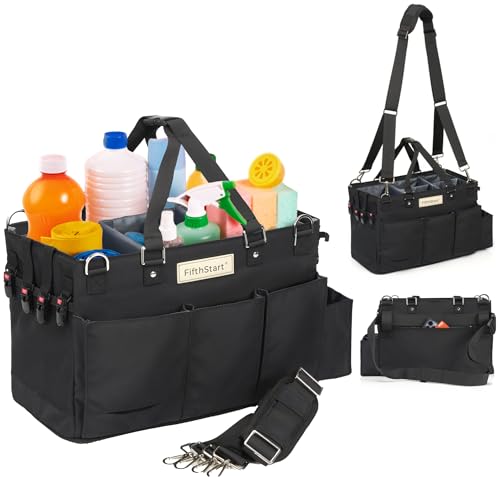 FifthStart Multiuse Cleaning Caddy w/Waist & Shoulder Strap - 9 Pockets Tote Bag for Housekeeping Gardening Fishing Bathroom Organizer Adjustable Compartments, Black Large Caddy Organizer with Handle - color: Black, size: Large