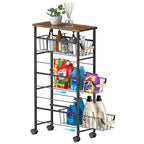 4-Tier Slim Rolling Cart with Pull-Out Baskets & Wooden Top Narrow Mobile Storage Organizer, Multipurpose Utility Cart with Handle for Small Spaces, Kitchen, Bathroom, Laundry Room, Office, Brown