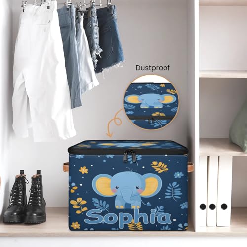 Custom Storage Basket with Name, Personalized Storage Bins with Zipper Lid, Foldable Fabric Storage Box Large capacity with Handle Elephant Flower Leaves - color: Option 19