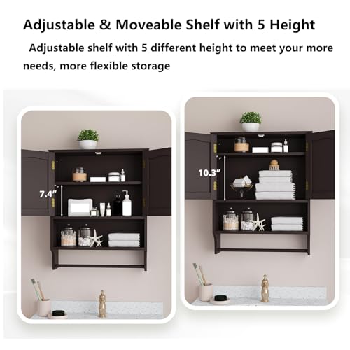 Bathroom Cabinet, Bathroom Wall Cabinet with 2 Doors and Adjustable Shelf, Wooden Medicine Cabinets Wall Mount, Over The Toilet Storage - color: Bathroom Wall Cabinet With Towel Rack-brown