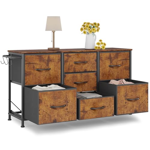 Fabric Dresser for Bedroom, Small Dressers for Kids Bedroom, 7 Drawers Dresser for Closet, Storage Organizer Chest of Drawers for Nursery, Dorm, Apartment, TV Stand, Wood Top, Side Hook (Rustic Brown) - color: Rustic Brown, size: 11.8"D x 39.4"W x 21.7"H