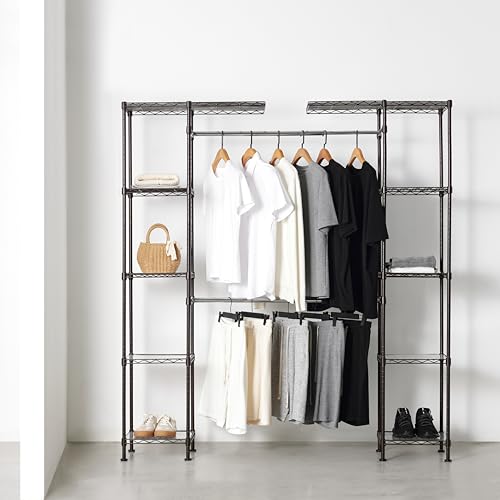 Amazon Basics Expandable Metal Hanging Closet Organizer and Storage Rack Wardrobe with Shelves, 57-80''L x 14''W x 72''H, Bronze - color: Bronze
