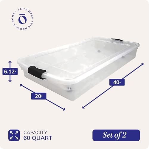 HOMZ 2-Pack Under Bed Storage, Clear Plastic Containers with Lids, 60 Quart, Gray Latch - Stackable Underbed Organizer Bins for Shoes, Bags, Clothes, and Towels - color: Gray, size: 60 Quart