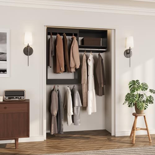 ROOMTEC Modular Closet System, 46" Wall-Mounted Closet Organizer with Hanging Rods, Wooden Tower for Walk-In Closets, Wardrobe Storage Kit, Black - size: 46" Wide, style: Model 2