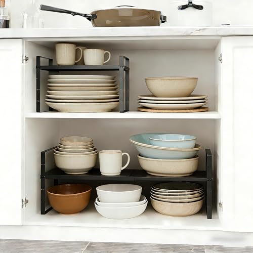 Expandable Cabinet Shelf Organizer Rack, Stackable Kitchen Counter Storage Shelves Stand, Adjustable Height Pantry Shelf Spice Rack(Black-1 Pack, 8.7" D x 15.4-26.8" W x 9.8" H) - color: Black-1 Pack