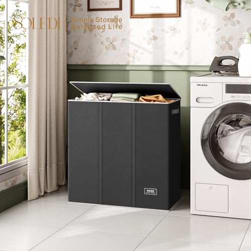 SOLEDI 160L Laundry Hamper 3 Section, Extra Large Laundry Hamper with Lid, Dirty Clothes Hamper with Sturdy Handle, Large Laundry Basket Organizer for Laundry Room, Bedroom, Hampers for Laundry - color: Black, size: 160L