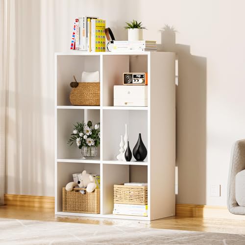 COMHOMA 6 Wood Cube Storage Organizer with Open Back and Removable Back Panels, 11In White Cube Storage Bookshelf, Cubicle Shelf Bookcase for Home Office Bedroom Living Room, Vertical or Horizontal - color: 6 Cube Cream