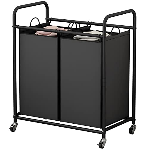 SUOERNUO Laundry Hamper Basket 2 Bag Laundry Sorter Cart with Rolling Lockable Wheels and Removable Bags Laundry Organizer Cart for Clothes Storage, Black - color: Black, size: 2 Bags