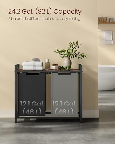 VASAGLE Laundry Hamper, Laundry Basket, Laundry Sorter with 2 Pull-Out and Removable Bags, Shelf, Metal Frame, 2 x 12.1 Gallons (46 L), 28.8 x 13 x 28.4 Inches, Bicolor and Rustic Brown UBLH201X01 - color: Bicolor + Rustic Brown, size: 2 Bags - 92 L