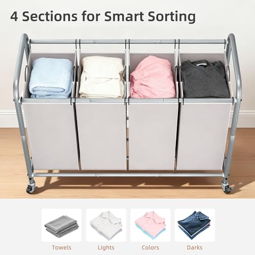 STORAGE MANIAC Laundry Sorter 4 Section, 47.5 Gal (180 L) Laundry Hamper with Wheels, Clothes Divider Basket Sorter, Clothes Separator Hamper Cart with Wheels and Removable Bags, Gray - color: Gray, size: 4 Section