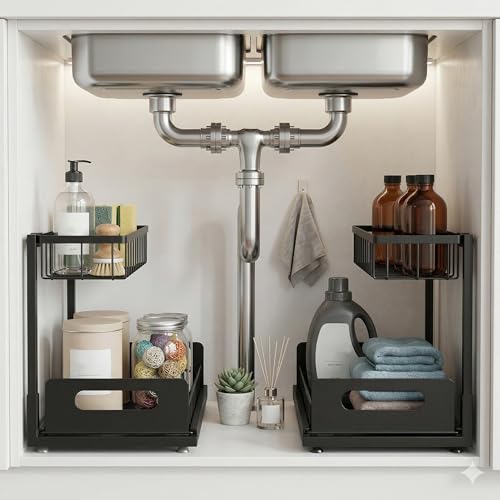 Under Sink Organizer 2 Tier, Pull Out Drawer Slides Under Sink Storage for Bathroom Kitchen,Multi-Purpose Drawer Under Cabinet Organizer for Cleaning Supplies (Black, 2 Pack) - color: Black, size: 2 Pack