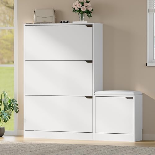 BORNOON Shoe Cabinet with Bench and 3 Flip Drawers, Slim Narrow Shoe Storage Cabinet, Freestanding Shoe Rack Organizer with Adjustable & Removable Shelves, Anti-Tip for Entryway, Hallway, Foyer - color: White, size: 3-Drawer - Bench