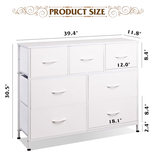 WLIVE 7 Drawer Dresser TV Stand, Dressers for Bedroom, Fabric Storage Tower, Hallway, Entryway, Closets, Sturdy Steel Frame, Wood Top, Easy Pull Handle, White - color: White