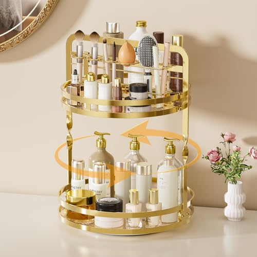 360° Rotating Makeup Organizer, 2-Tier Gold Perfume Organizer for Dresser, Bathroom Organizers Countertop, Perfume Shelf with Makeup Brush Holder, Skincare Holder Cosmetic Display(Gold) - color: Gold