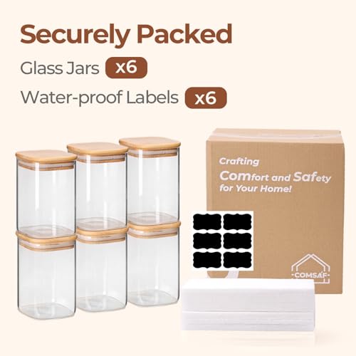ComSaf 1.2 QT Glass Storage Containers with Lids, Glass Jars with Lids, Clear Food Jar, Square Canister Set of 6, Pantry Organizers and Storage for Cookie Flour Oat Pasta Tea Coffee Bean - size: 1.2Qt*6