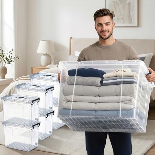 288QT Set Heavy-Duty Stackable Clear Storage Bins with Lids -Clear Plastic Organizing Containers for Home, BPA-Free, Pull Handles and Secure Latches - style: 288QT (60QT X 4 Pack+28QT+20QT)