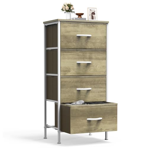 Sweetcrispy Nightstand Small Bedroom Dresser with 4 Fabric Drawers,Bed Side Furniture End Table,Wooden Top Cabinet Night Stand Dresser for Closet,Entryway,Dorm,Oak Greige - color: Oak Greige, size: 17.7"D x 11.8"W x 37"H (4 Drawers)