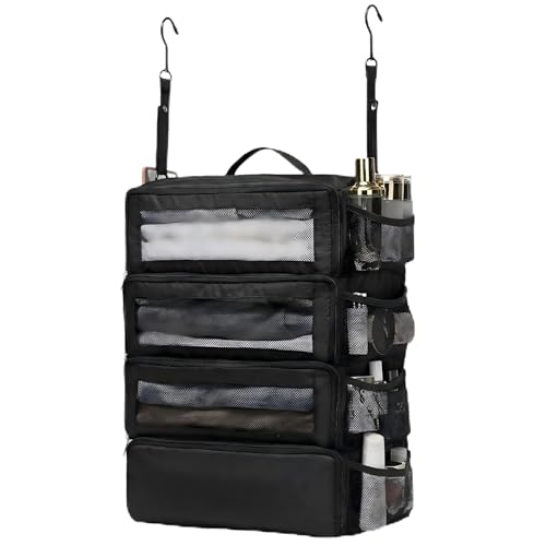 Back to School Hanging Suitcase Organizer Black 4 Layer Dorm Room Clothes Storage Bag with Adjustable Hook Pack Hang Travel Organizer for College Dorms Summer Camp Closet - color: Black