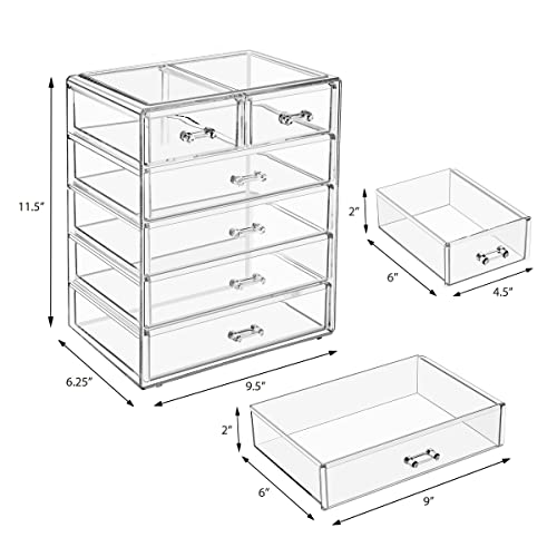 Sorbus Acrylic Makeup Organizer Set, 6-Drawer Vanity & Countertop Cosmetic Storage with Small & Wide Drawers, Clear Makeup Storage for Brushes, Lipsticks, Jewelry – Holiday Gift for Women & Teens - color: Clear, style: 4 Large, 2 Small Drawers