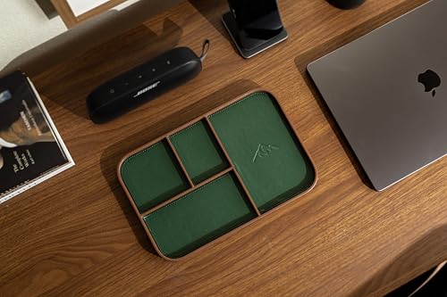 MUUJEE Leather Catchall Multitray (Design 3) - 11.65 x 7.75 x 0.8, Nightstand Entryway Bedside Dump Tray Valet Organizer for Keys Phone Wallet Watch Glasses Pens, Office Desk Accessory for Men, Green - color: Green