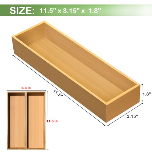guiogc Bamboo Drawer Silverware Organizer, Flatware Organizers, Multi-purpose Bamboo Storage Box for Kitchen, Offices and Dressing table 11.5" x 3.15" x 1.8" (Set of 2) - size: 11.5" x 3.15" x 1.8"