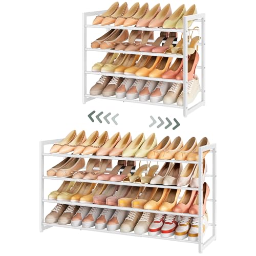 FAVOOSTY 4-Tier Expandable Shoe Rack, Adjustable Shoe Shelf Storage Organizer Space Saving Metal Free Standing Shoe Rack for Entryway Closet Doorway, White - color: White, size: 4 Tier