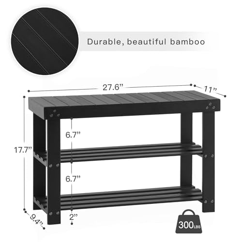 Apicizon Bamboo Shoe Rack for Entryway, 3-Tier Shoe Rack Bench for Front Door Entrance, Small Shoe Organizer with Storage, Black - color: Black, size: 27.6 Inches No Cushion