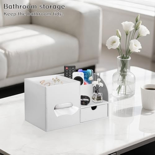 Square Tissue Box Cover with Tray and Organizer, Multi-Functional Decor Cube Tissue Box Holder, Tissue and Remote Control Holder, for Vanity, Nightstand, Bathroom, Home, Office - color: White