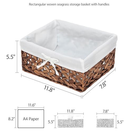 Water Hyacinth Storage Basket Small with Metal Frame & Removable Liner, 11.8”×7.9”×5.5” Rectangular Woven Organizer Bin for Bathroom Vanity, Desk, Nursery, Closet, Home Organization - size: Small