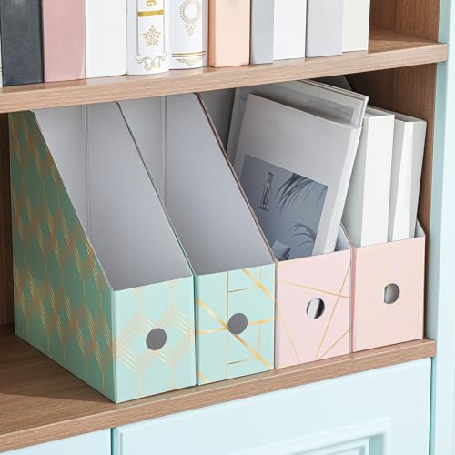 PerKoop 6 Pcs Decorative Magazine File Holders Floral Foldable File Folders Magazine Storage Boxes Rack Desk Organizer Documents with Printable Labels for School Office Home (Geometric Lines) - style: Geometric Lines