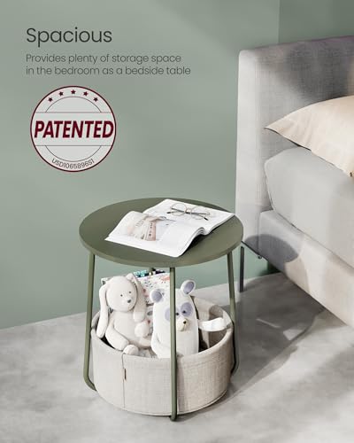 VASAGLE LILEA Collection - Small Round Side End Table, Modern Nightstand with Fabric Basket, Forest Green and Cream White ULET223C80 - color: Forest Green + Cream White, size: Round + 1 pack