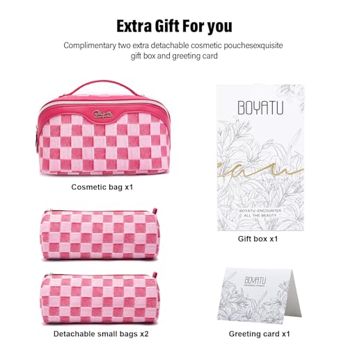 BOYATU Travel Makeup Bag for Women: Large Cosmetic Bag Set of 3 - PU Leather Make up Bag with Compartments - Compact Waterproof Toiletry Bag with Divider & Handle (D-4-Red) - color: D-4-Red
