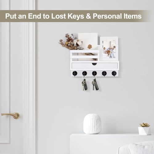 Key Holder Wall Mount, Mail Holder with Storage Drawer and 5 Key Hooks for Coat, Dog Leash, Home Decor Rack, House Accessories, Entry Way Organizer - color: White, size: Standard - 11.8 Inch