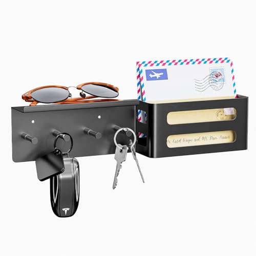 Key and Mail Holder for Wall, Key Hooks Rack Hanger Organizer Wall Mount with Small Shelf, Metal Entryway Living Room Storage Decor for Coat Purse Bag Wallet Dog Leash, White - color: Black