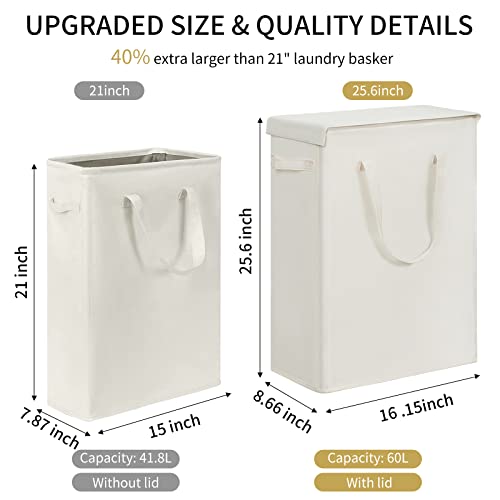 Chrislley 60L Slim Laundry Hamper with Lid Narrow Laundry Basket with Handle Upgrade Foldable Dirty Clothes Hamper Portable Skinny Hamper Organizer Storage Bins (25.6 inches,beige) - color: beige