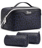 BOYATU Travel Makeup Bags Cosmetic Organizer Bag: 3 Pcs Set Large Capacity Make up Bag with Compartments - Waterproof Leather Toiletry Bags with Handle for Women (B-Blue) - color: B-Blue