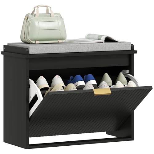 HOMCOM Narrow Shoe Bench with Padded Seat Cushion and Flip-Drawer, Small Entryway Bench Holds up to 265lb, Shoe Cabinet, 24.4x10.2x18.7 Inches, Black - color: Black, size: 24.4" x 10.2" x 18.7"
