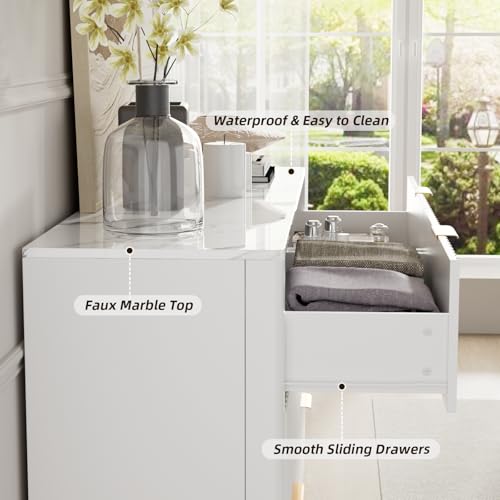 VOWNER Fluted 6 Drawers Dresser for Bedroom, 54" Wide Modern Chest of Drawers with Metal Handle, Closet Clothes Storage Organizer, Wood Dresser TV Stand for Living Room, Closet, Hallway, Entryway - color: White & Marble