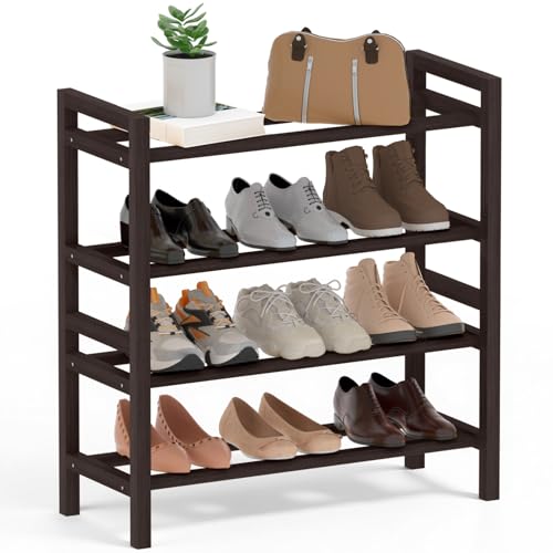 Haddockway Bamboo Shoe Rack for Closet, Free Standing Shoe Organizer with Smooth Round Rods & Convenient Handles, Stackable Shoe Storage Shelf for Entryway, Hallway(Brown, 4-Tier(Small)) - color: Brown, size: 4-Tier_Small