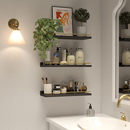 WOPITUES Floating Shelves with Gold Metal Guardrail, Shelves for Wall Decor Set of 3, Wall Shelves for Bedroom, Bathroom, Kitchen, Living Room, Plants, Picture Frames, Art- Black and Gold - color: Black and Gold, size: 15.7 inch