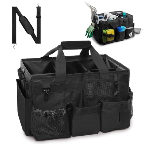 Large Wearable Cleaning Caddy Bags, Cleaning Supplies Organizer with Detachable Divider & Adjustable Shoulder Straps for Housekeepers & Cleaners, 14 inch Black Tool Bag - color: Black