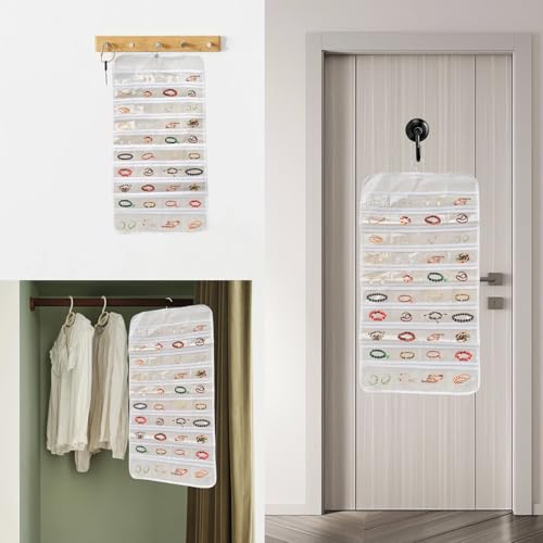 80 Pockets Double-Sided Hanging Jewelry Storage Bag, Transparent Earring, Bracelet, Ring Bag, 33x17 Inch Large Size Fits Wardrobe/Shelf Rod, Travel Portable, Non-Woven(White)