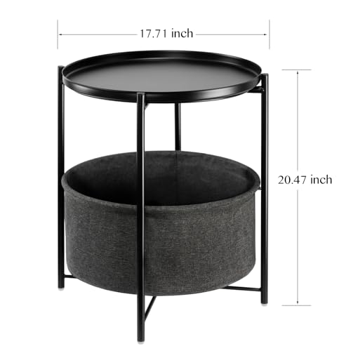danpinera Round Side Table with Fabric Storage Basket, Metal Small Bedside Nightstand Removable Tray Top for Living Room, Bedroom, Nursery, Laundry, Ink Black - color: Ink Black