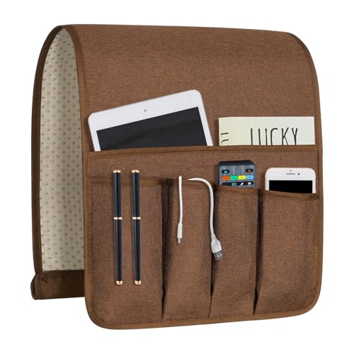 NB Sofa Armrest Organize remote holder bedside caddy organizer with 5 pockets，non-slip couch remote control holder couch armchair caddy accessories (Brown, 35"x12.4") - color: Brown, size: 35"x12.4"