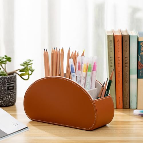 BONNY DODO Remote Control Holders Organizer Box with 5 Compartment PU Leather Multi-functional Office Desk Storage Caddy Store Tv Remote for Media Player,Brush,Pencil,Glassees&Office Supplies (Brown) - color: Brown, size: S