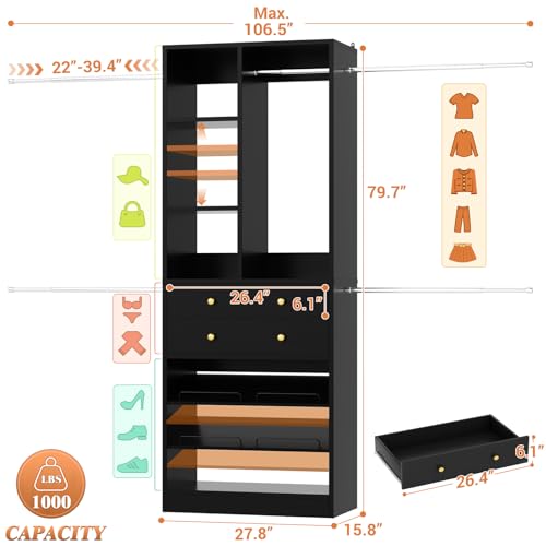 Besiost Closet System, 4.2–8.8 FT Closet Organizer with 2 Wooden Drawers and Shelves, Walk-in Closet System with 5 Hang Rods, Built-in Reach in Closet Tower, Can Fit 60 to 96 inch, Black - color: Black